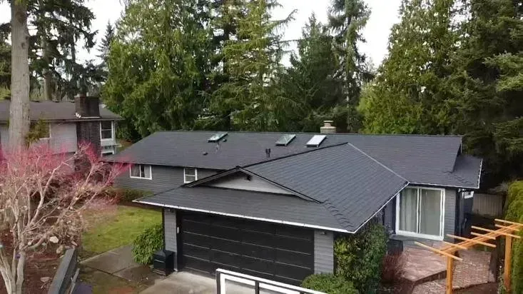 Suburban house with dark roof, garage, and surrounding trees on a rainy day
