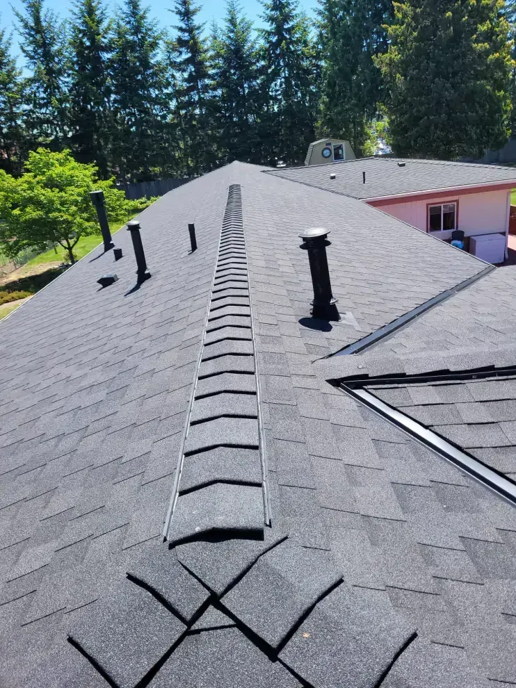 Roof with gray shingles, ridge vent, and black vents under trees beside a house