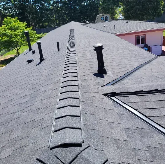 Rooftop with gray shingles, multiple vent pipes, and a ridge vent under bright sunlight
