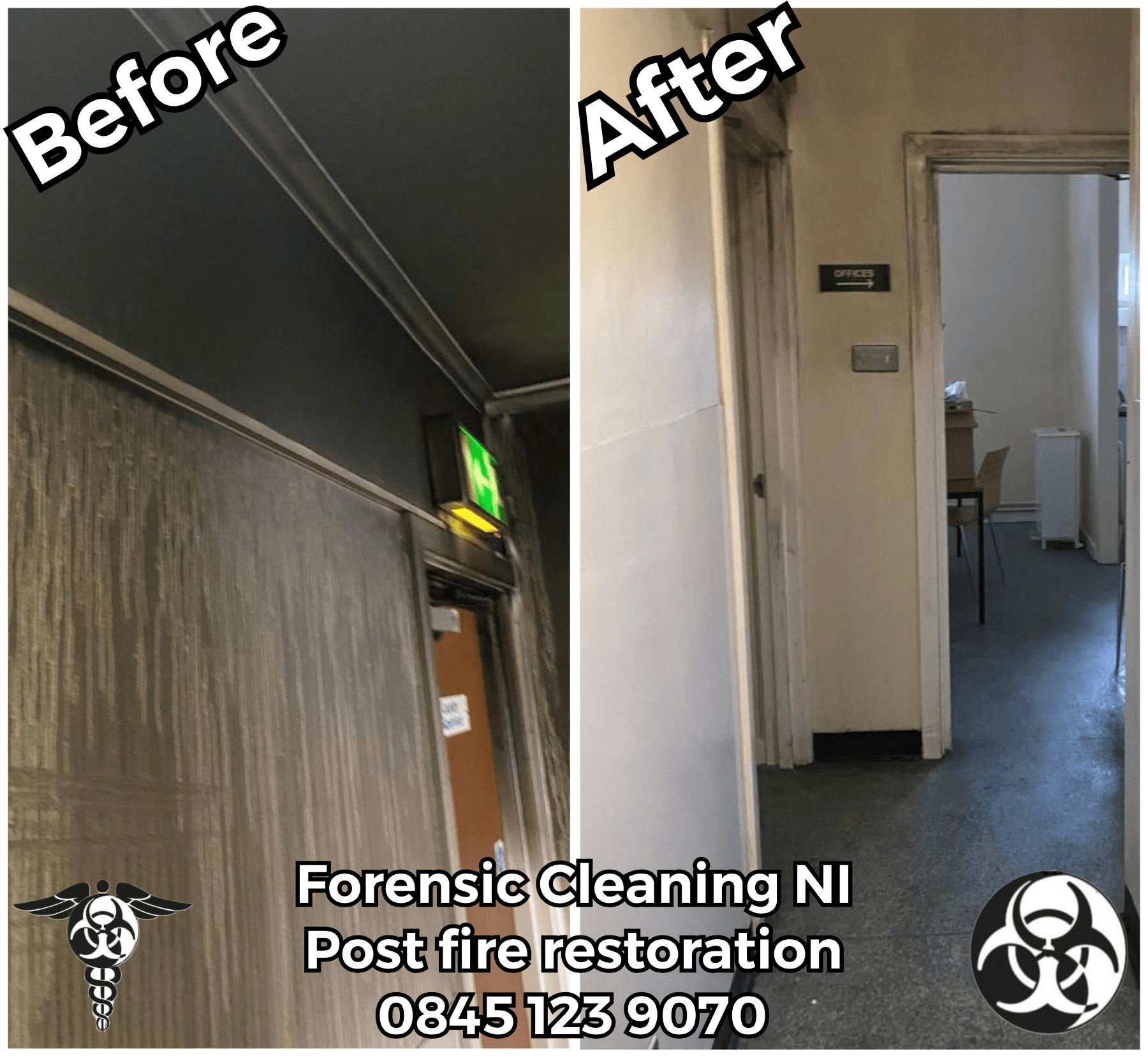 A before and after photo of a hallway in a building.