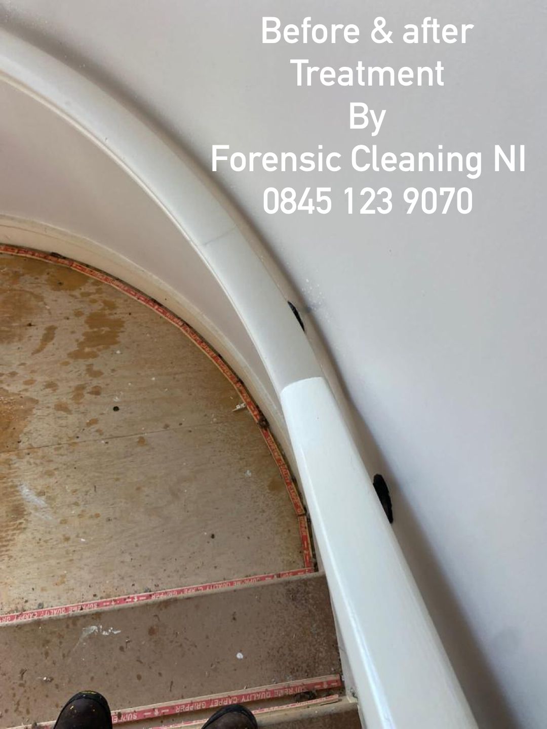 A picture of a staircase before and after treatment by forensic cleaning ni