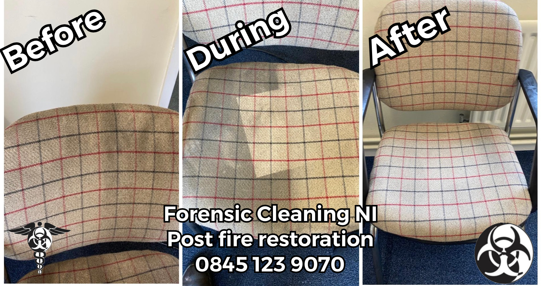 A before and after picture of a chair that has been cleaned.
