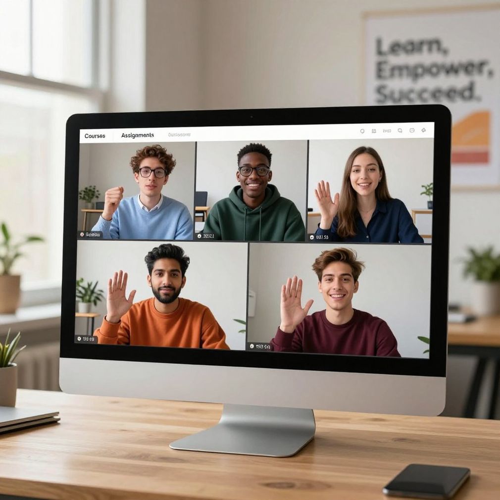 Un computer desktop mostra una videoconferenza con cinque persone che salutano. Si trovano in un ufficio ben illuminato.