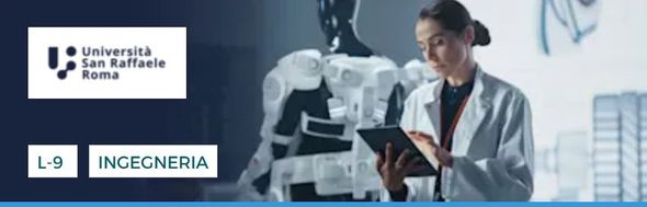 Donna in camice da laboratorio guarda il tablet, con un robot dietro di lei. Logo dell'Università San Raffaele di Roma, sezione