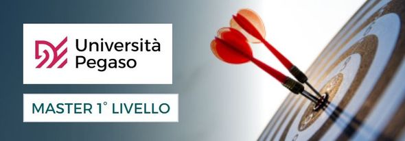 Logo of Università Pegaso next to a dartboard with darts. Text