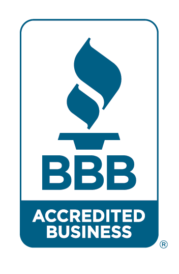 BBB Accredited Business logo, blue and white, with stylized flame above 