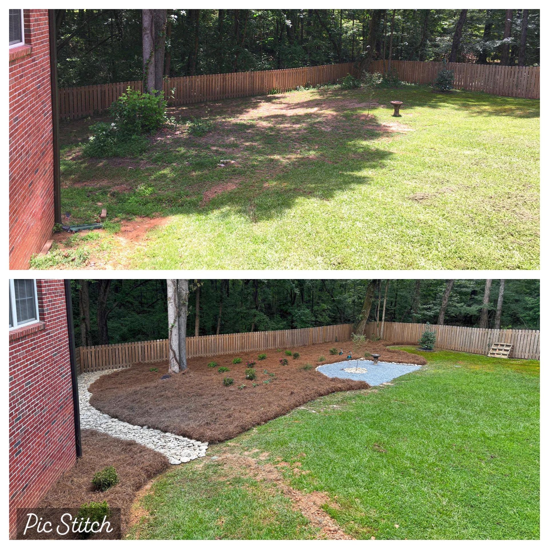 Backyard transformation, before and after. Brown mulch bed, gray stone path, small fire pit, green grass, wood fence.