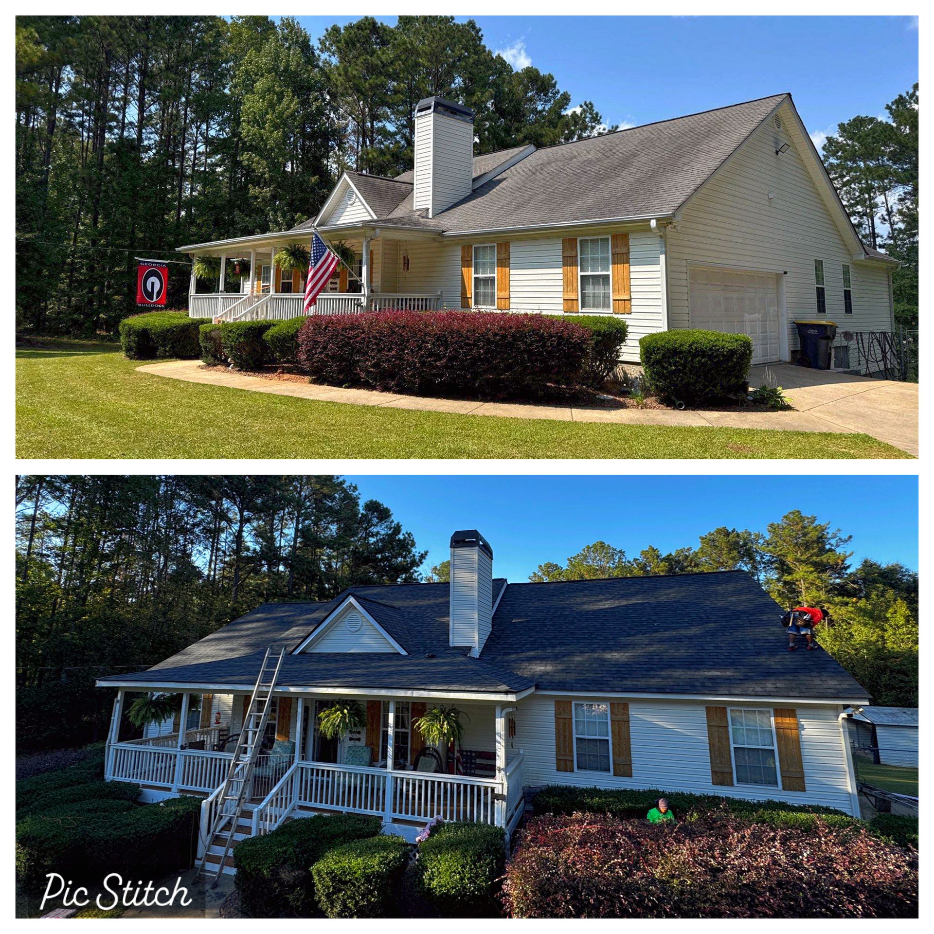 light yellow house with a dirty roof (top) and a clean roof (bottom).