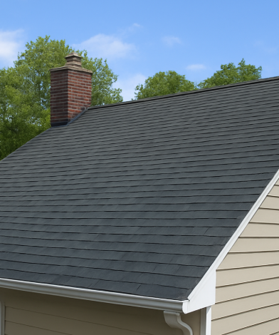 Black asphalt shingle roof on a house with a brick chimney and beige siding against a blue sky.