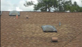 Brown shingled roof with two skylights, vents, and a tree in the background.