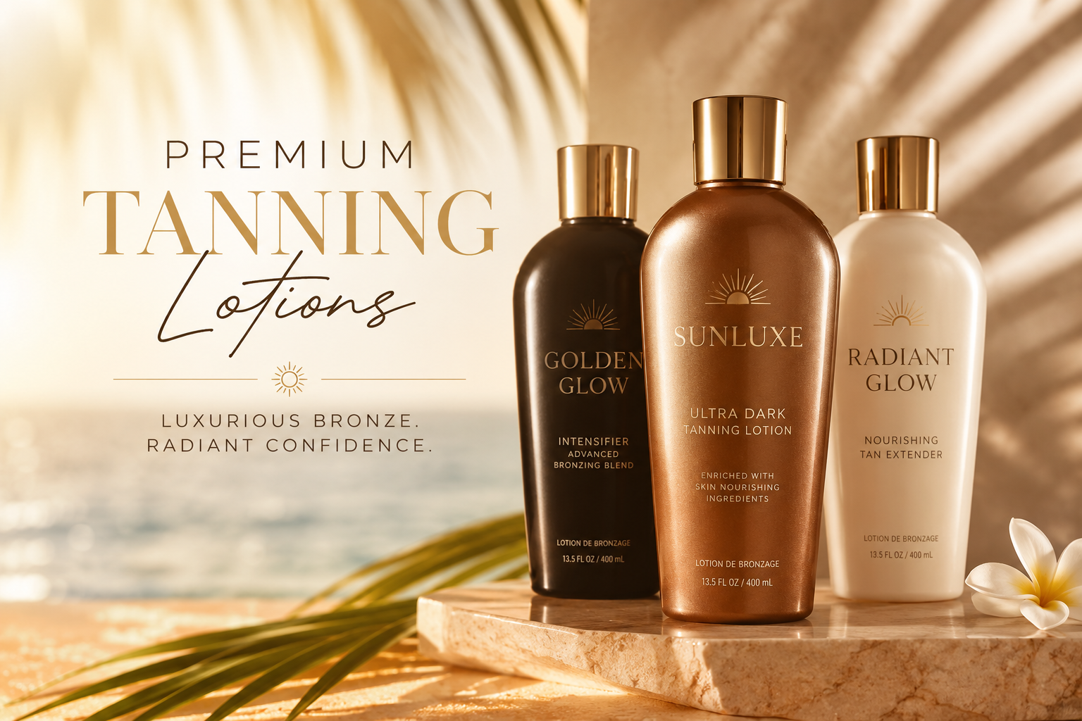 Three white and gold MSKIN skincare bottles on a light background