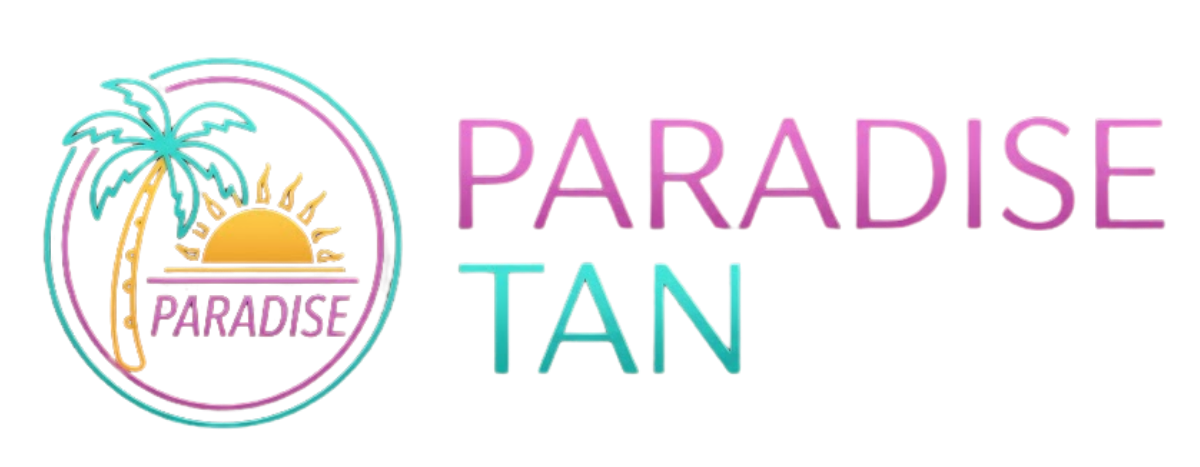 Paradise Tan logo with palm tree and sun in teal, pink, and orange on a white background