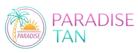 Paradise Tan logo with palm tree and sun in teal, pink, and orange on a white background