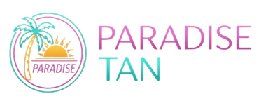 Paradise Tan logo with palm trees, sun, and pink-and-teal text on a white background
