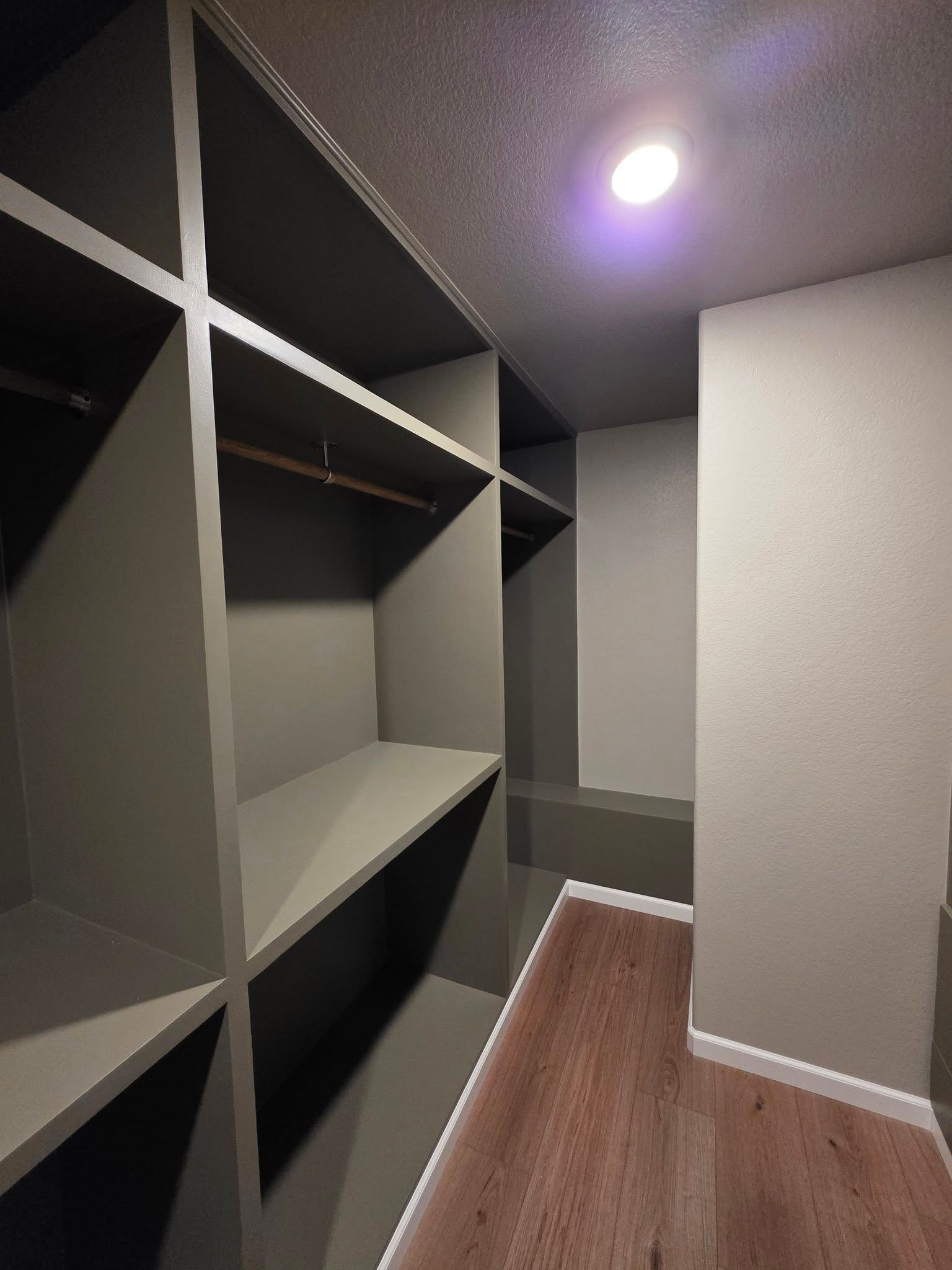 Empty walk-in closet with dark shelving, gray walls, wood floor, and ceiling light.