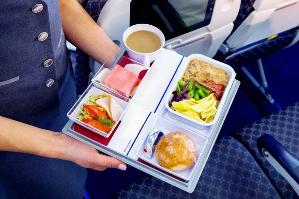 Hands holding a train meal tray with sandwich, salad, fruit, dessert, and a cup of tea on a seat.