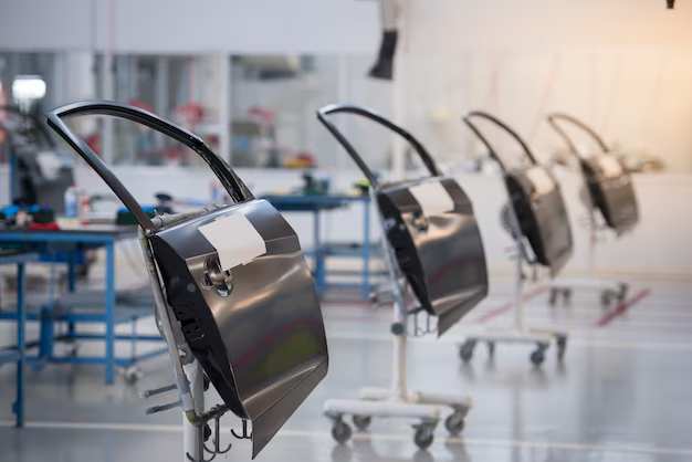Car doors lined up on an assembly line in a factory, showing shiny metal panels and robotic equipment