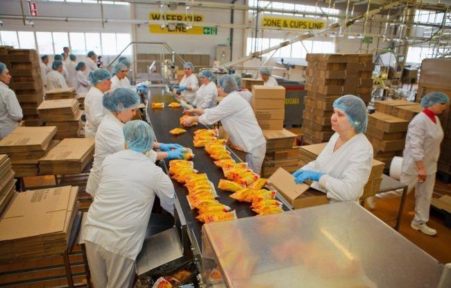 Workers in hairnets sort oranges on a conveyor belt in a packing warehouse