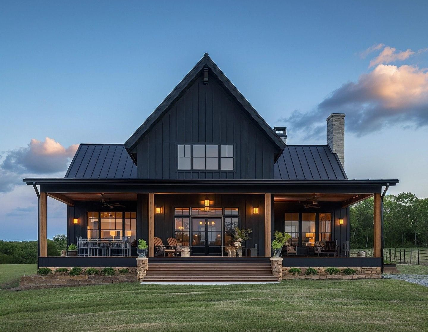 Dark farmhouse with covered porch at dusk, lit windows, and a brick chimney on a grassy lot