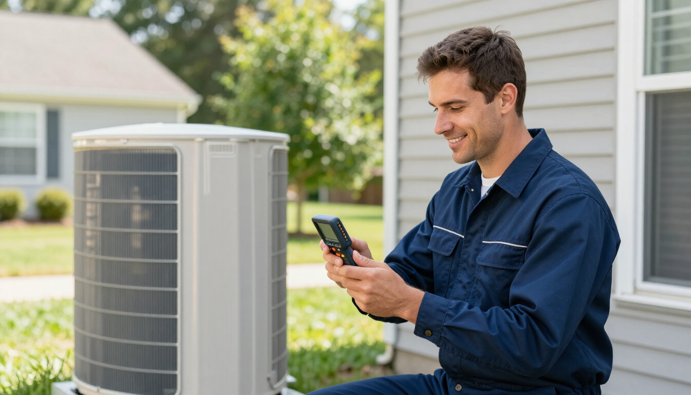 Professional HVAC technician inspecting a modern air conditioning unit