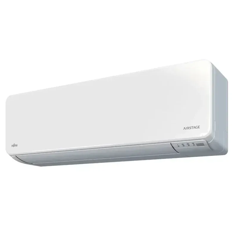 White wall-mounted air conditioner with a sleek modern design on a plain background