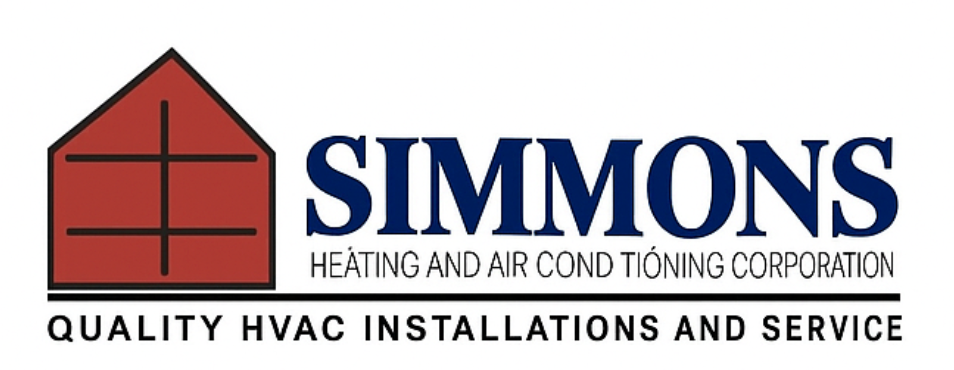 Simmons Heating and Air Conditioning Corporation logo with red house icon and HVAC service tagline