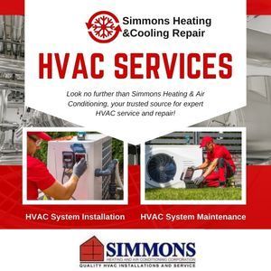 Simmons Heating & Cooling Repair HVAC services ad with technicians installing and maintaining air conditioners