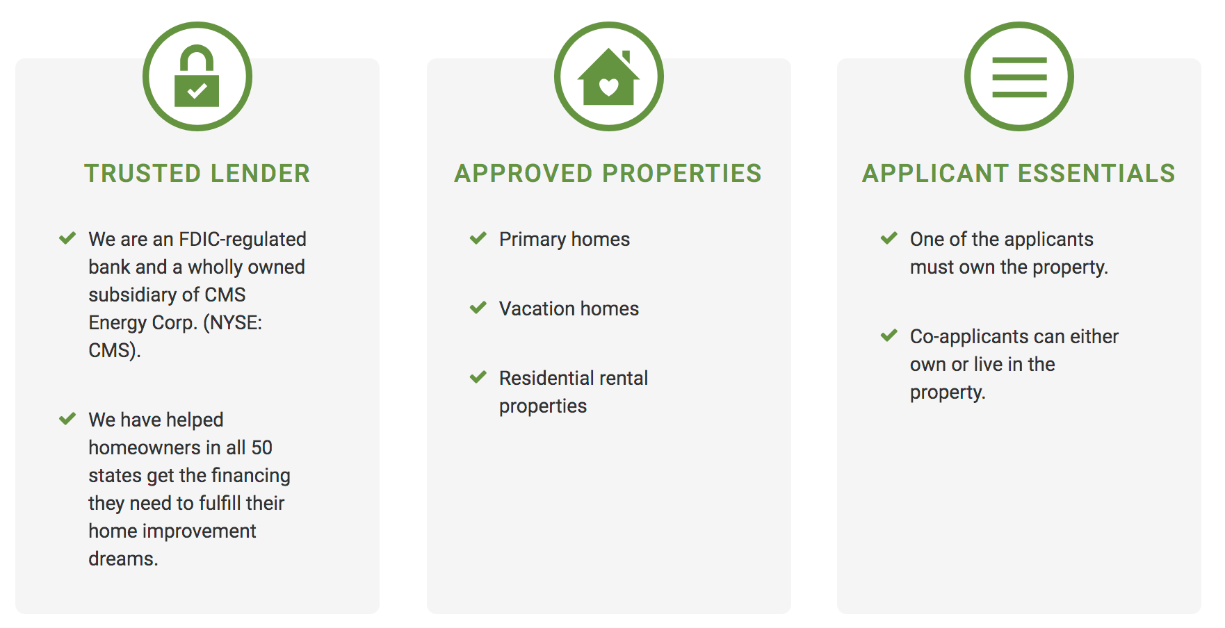 Three green-icon cards labeled Trusted Lender, Approved Properties, and Applicant Essentials.