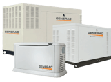 Three Generac backup generators in white and beige casings on a plain background