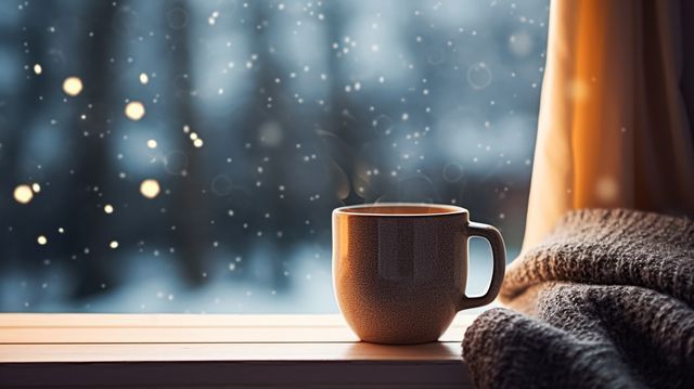 Cozy mug by a window with falling snow and a blanket draped beside it