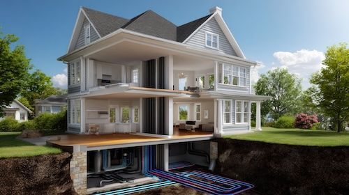 Cutaway of a modern gray house showing multiple floors and a basement with pools and exposed foundation