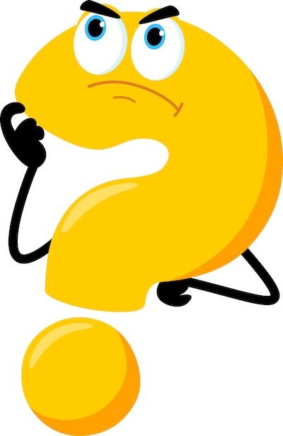 Yellow cartoon question mark with angry eyebrows and a thinking pose