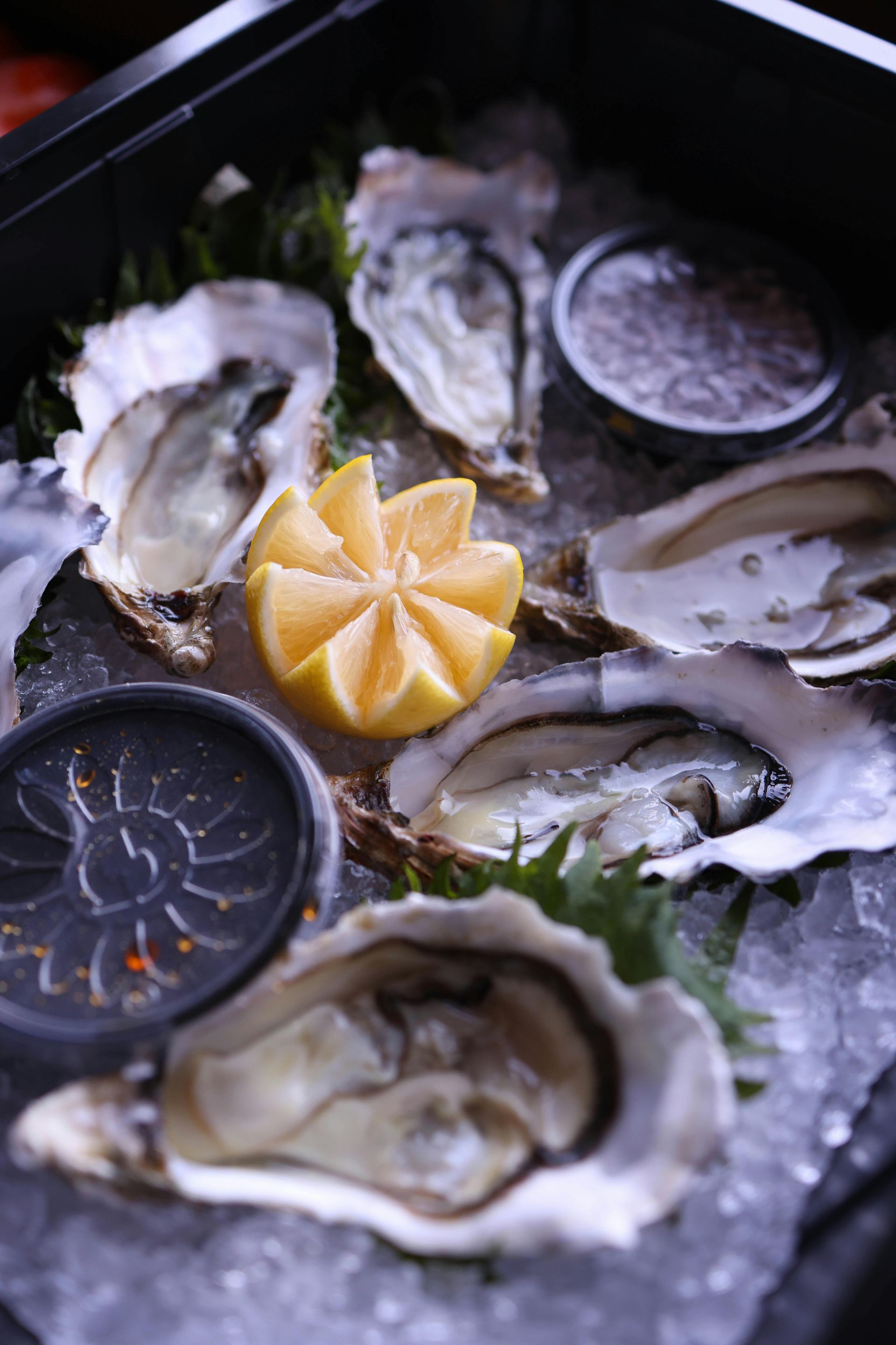 A tray of oysters on ice with a slice of lemon.