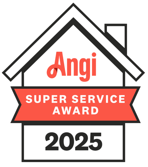 Angi Super Service Award 2025 badge in a house outline, red and white.