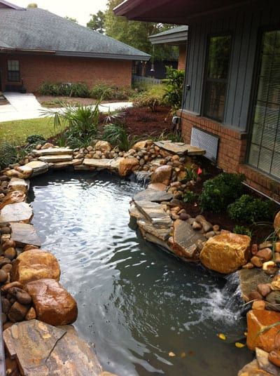 A pond surrounded by rocks and plants in front of a house