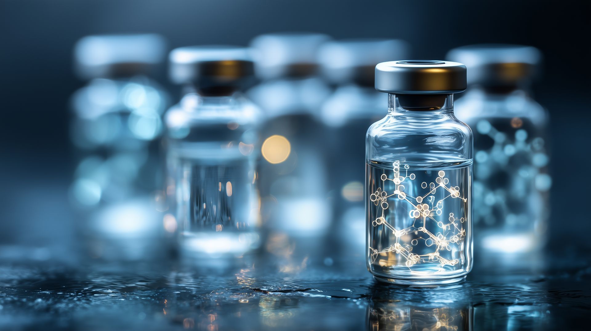 Small glass vials with metal caps on a reflective blue surface, softly lit in a laboratory setting
