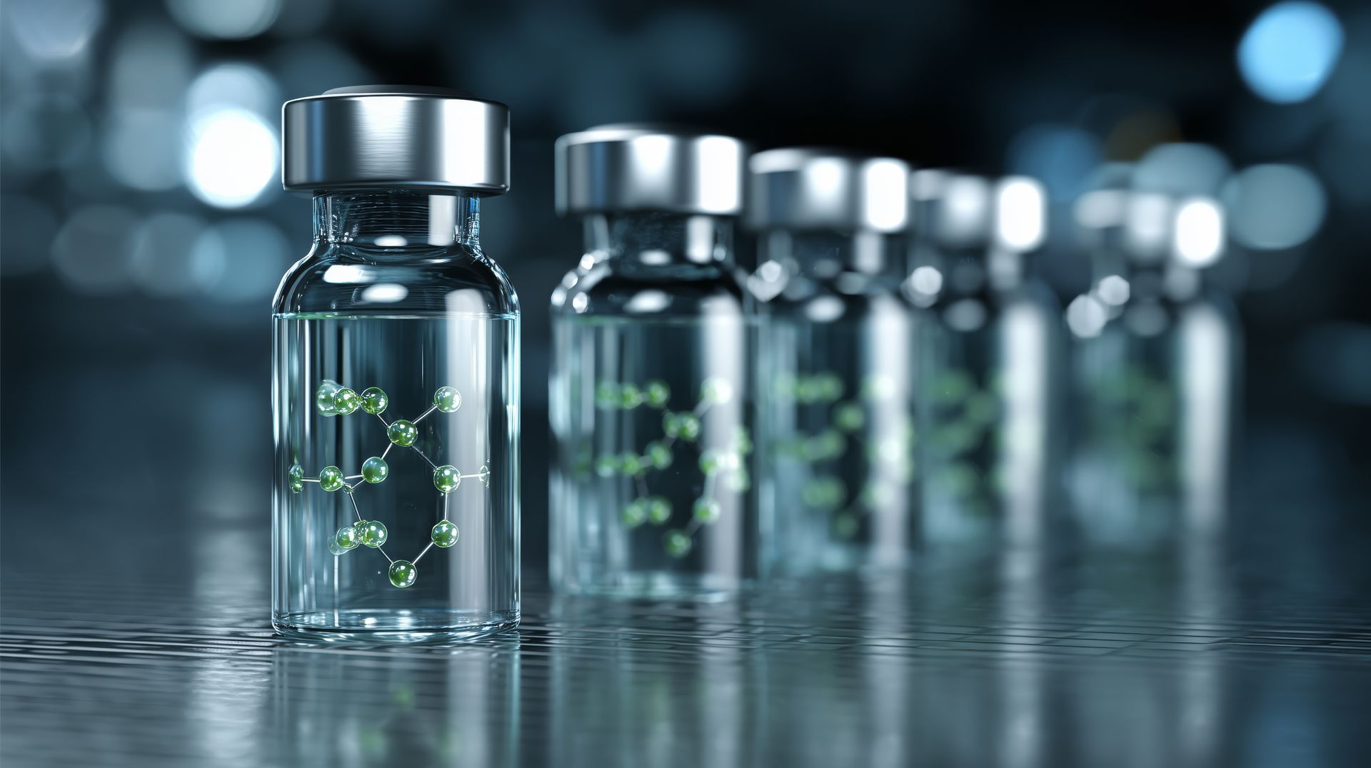 Glass vials with glowing green liquid on a reflective lab surface, blurred in a dark background