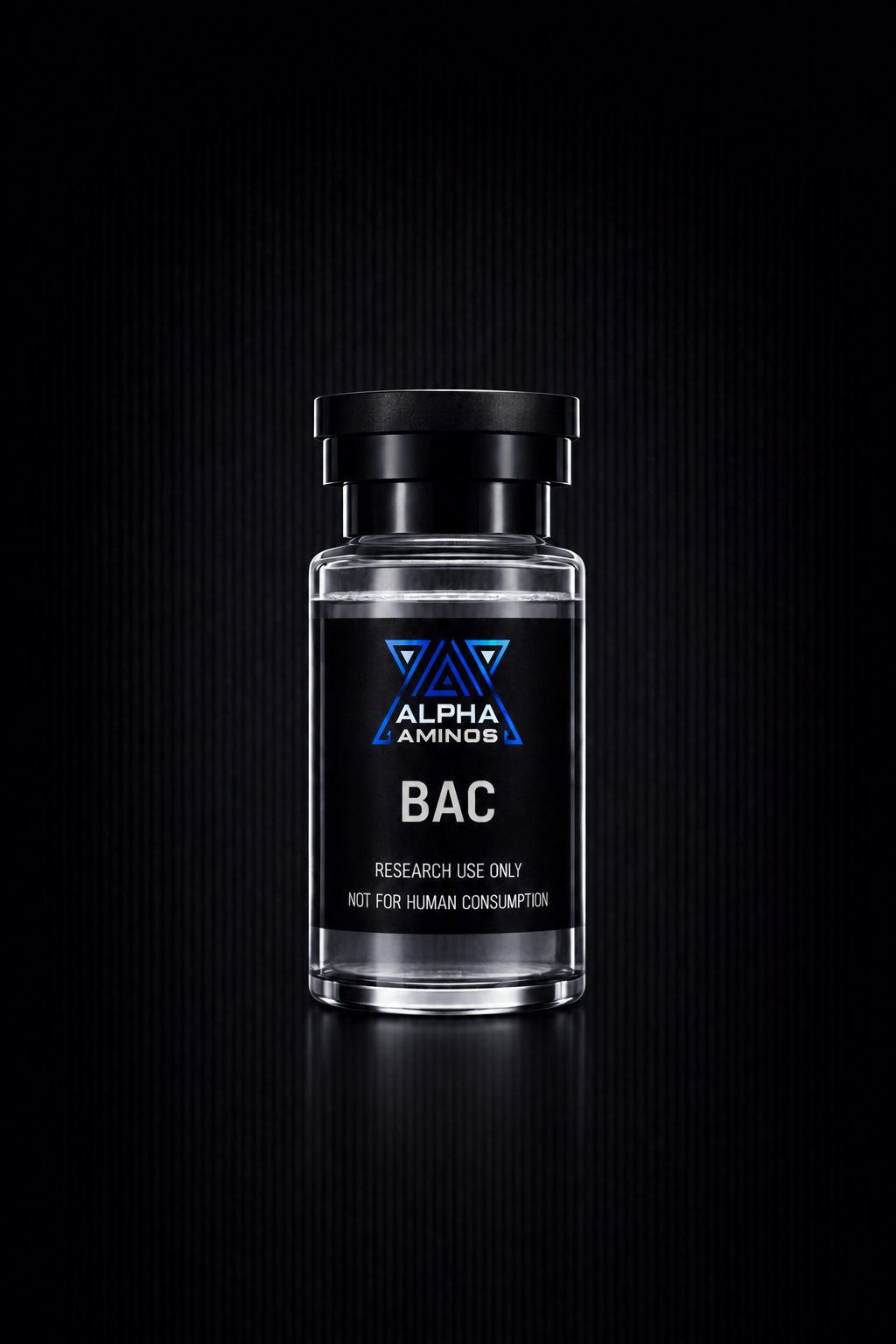 Black supplement bottle labeled “BAC” on a dark background, with a blue accent label.