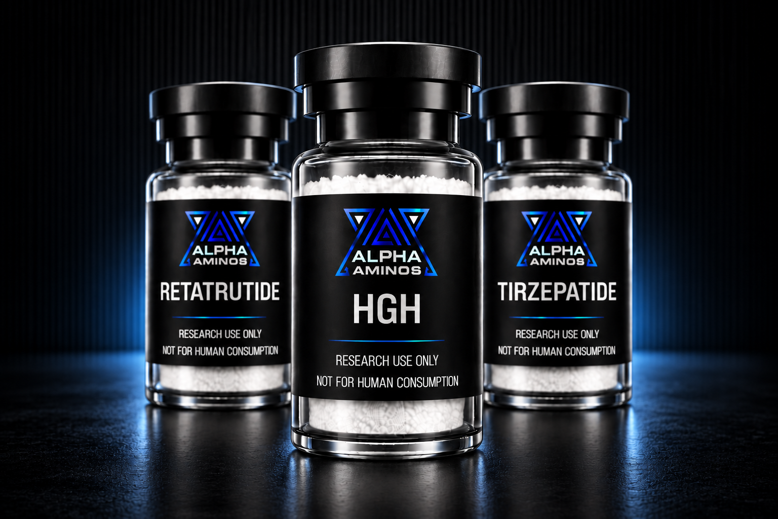 Three black supplement bottles on a dark background, labeled HGH, Retatrutide, and Tirzepatide.