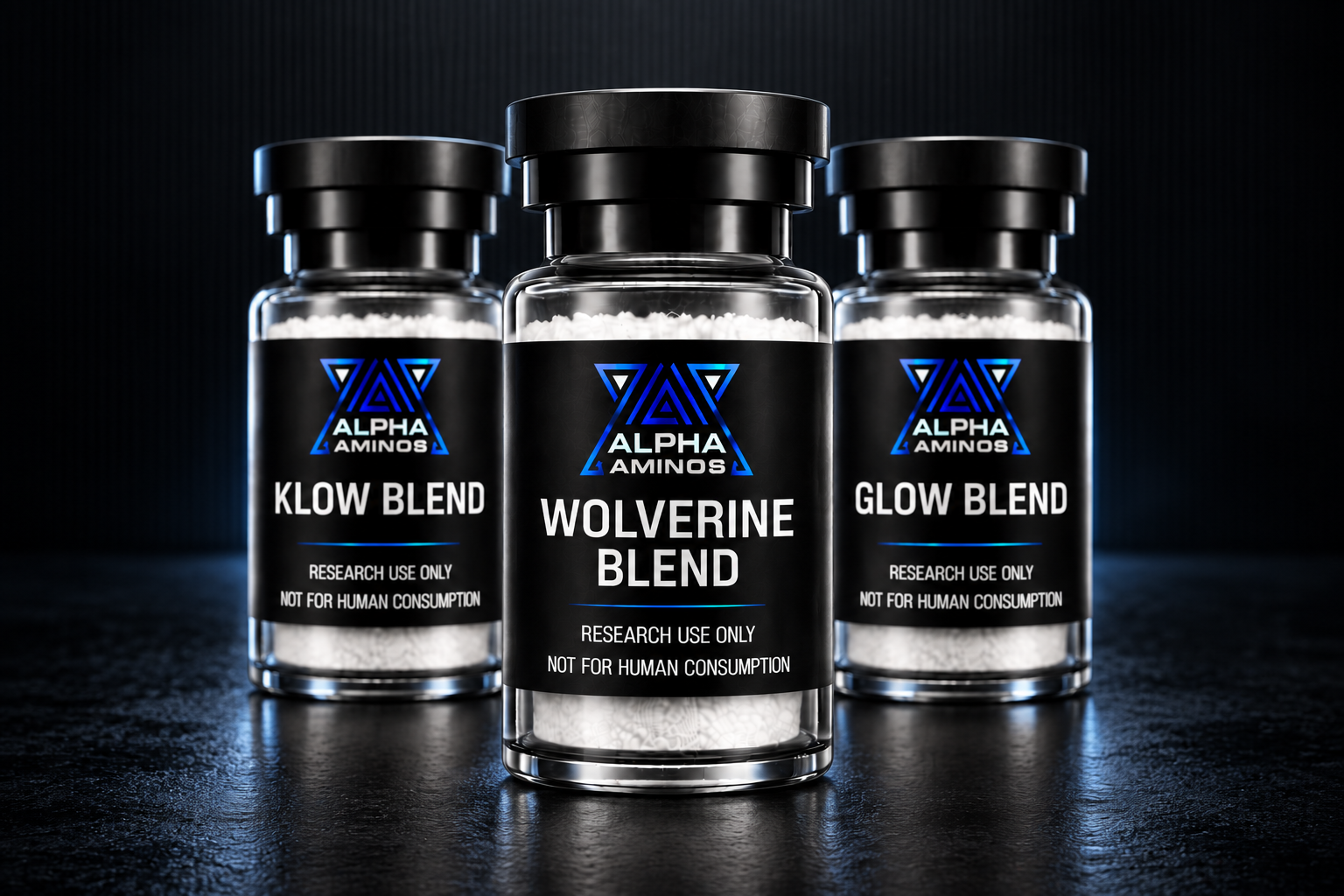 Three supplement jars labeled Alpha, Wolverine Blend, and Glow Blend on a dark reflective surface