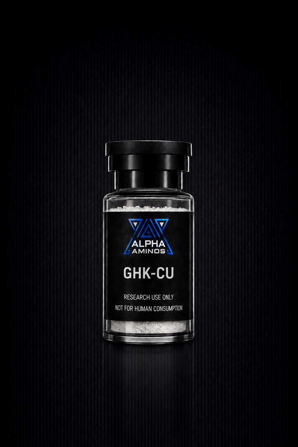 Small glass vial labeled “GHK-CU” on a dark background, centered with black cap
