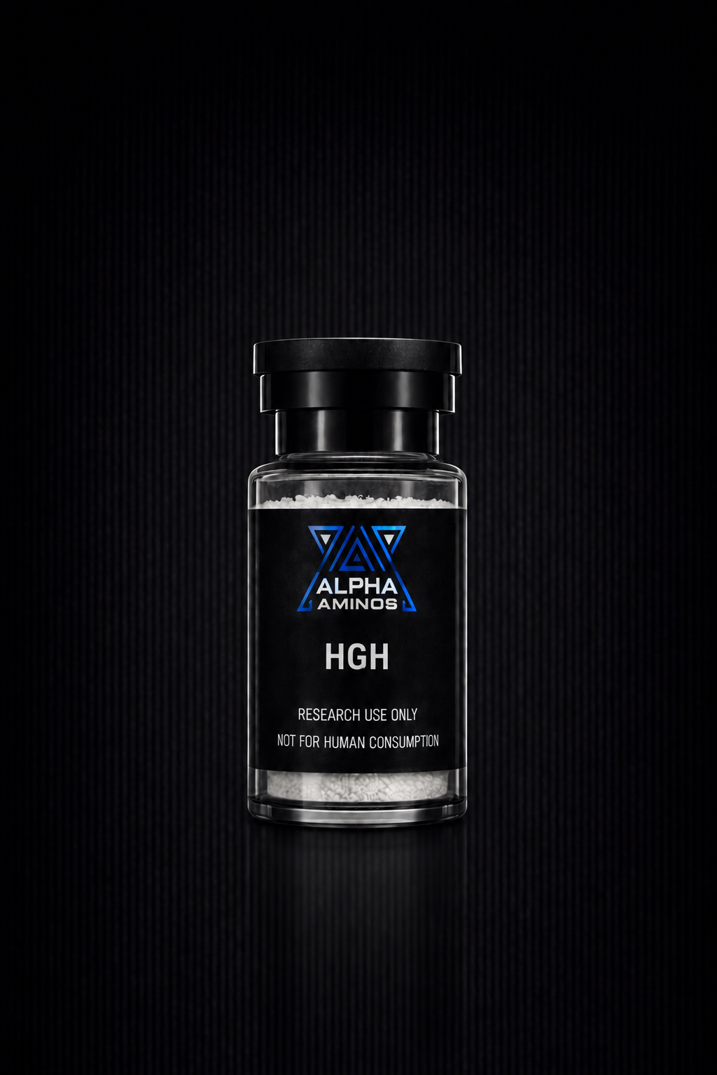 Small vial labeled “HGH” with blue “Alpha” branding on a dark background.