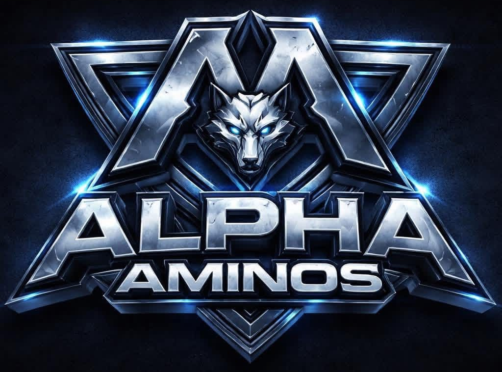 Blue metallic wolf logo with the text “ALPHA AMINOS” on a dark background