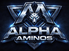 Blue metallic wolf logo with the text “ALPHA AMINOS” on a dark background