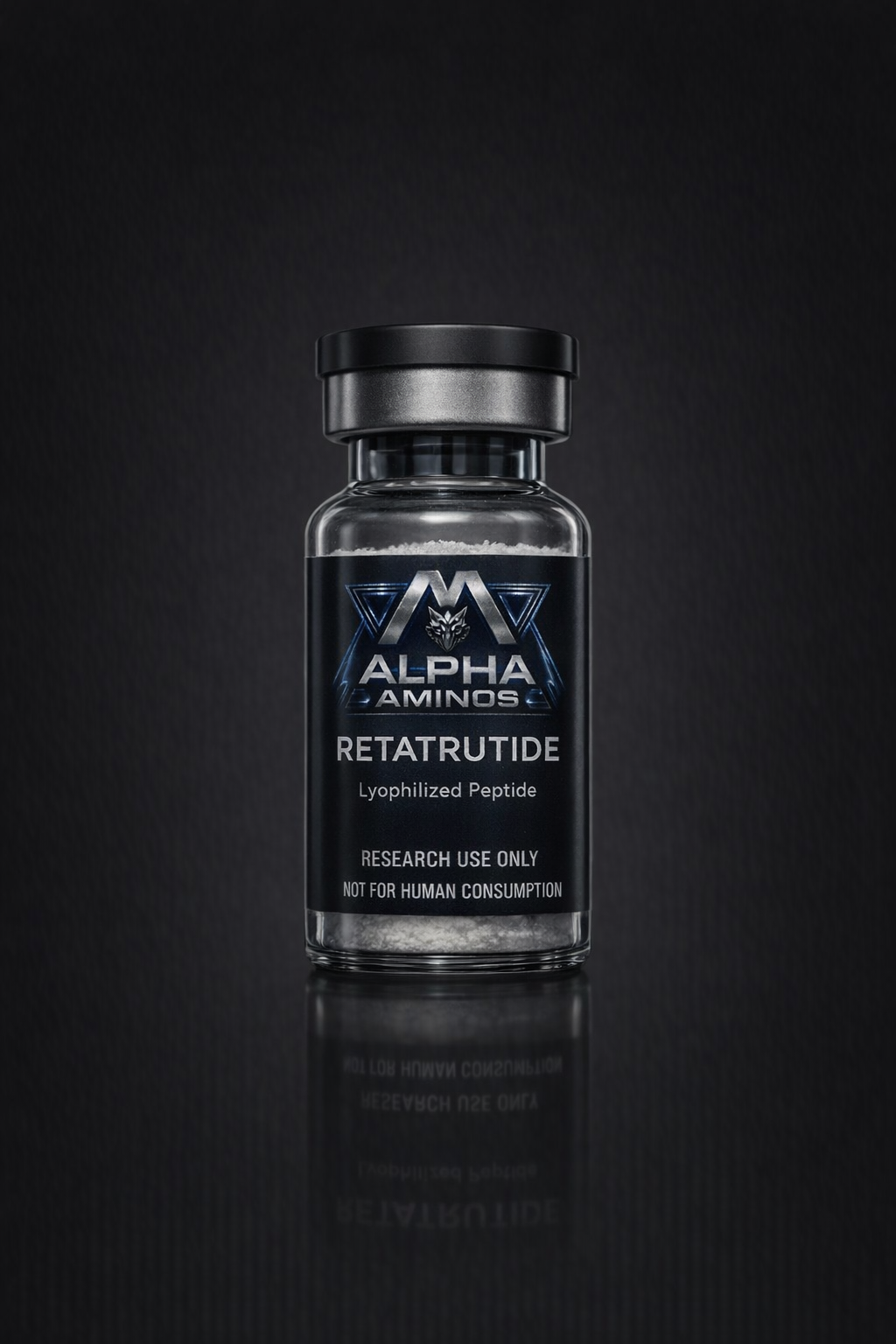 Black glass bottle labeled “Retatrutide” on a dark reflective background.