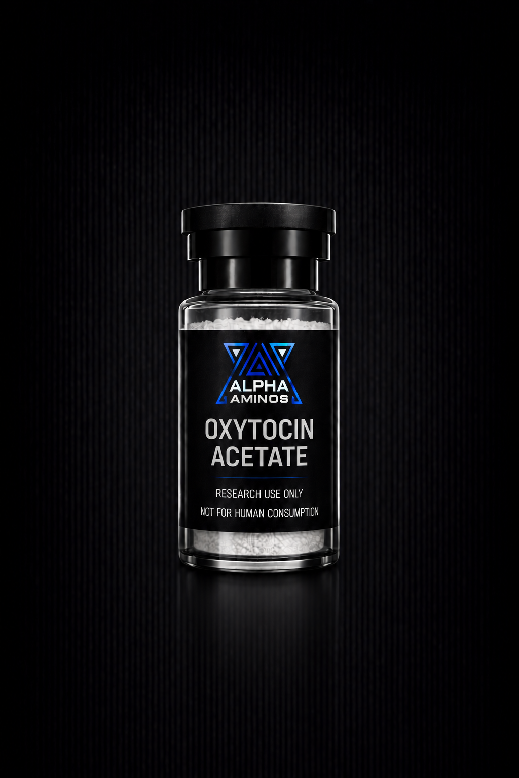 Small glass vial labeled “Oxytocin Acetate” on a black background