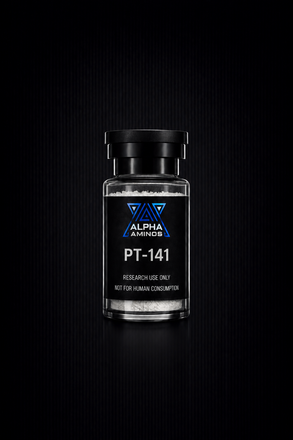 Black bottle labeled PT-141 with blue accent, centered on a dark background.