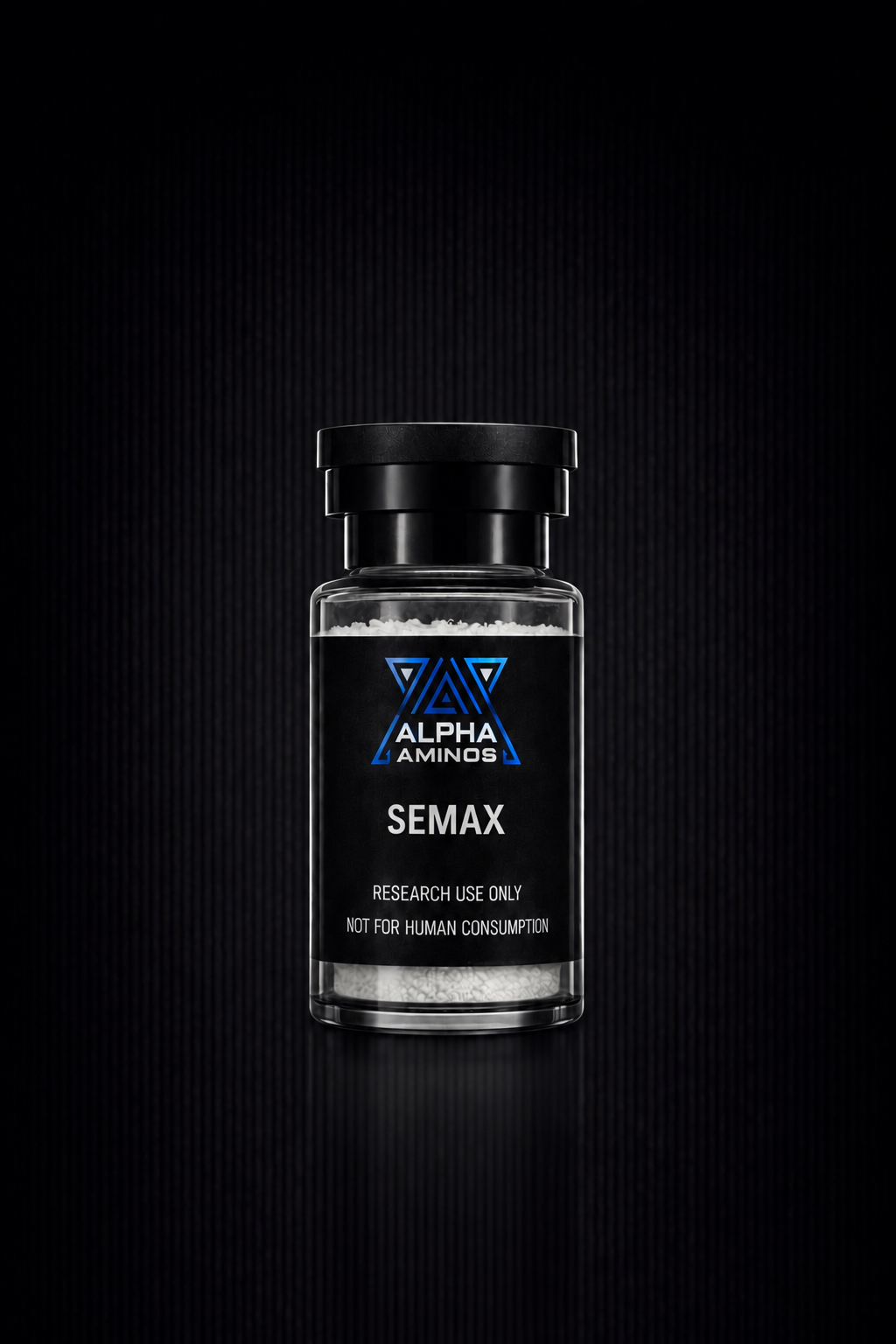 Small glass vial labeled “SEMAX” on a dark background, with a black cap and blue accent label.