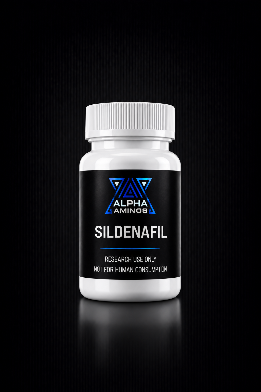 White bottle of Alpha Men Sildenafil on a black background, front label visible