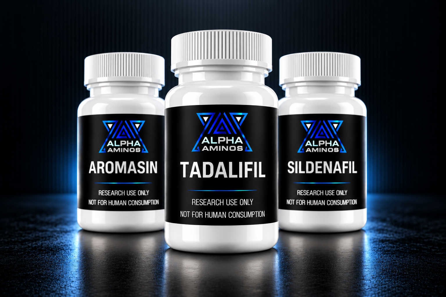Three supplement bottles labeled Aromasin, Tadalafil, and Sildenafil on a dark stage-like background